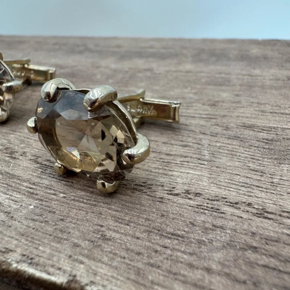Vintage Swank Smoky Quartz Checkerboard Faceted Gold Tone Cufflinks
